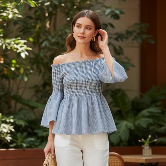 White and Blue, off shoulder top, smoked chest and waist, body flattering Medium - Picture 2 of 4